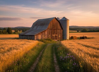 Obraz premium Rustic Barn Surrounded by Wheat Fields at Sunset in Rural Landscape