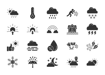 Obraz premium Weather thin glyph icon set. Containing temperature, sun, rain, wind, snow, sunrise, sunset, rainbow