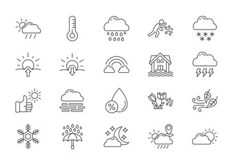Weather thin line icon set. Containing temperature, sun, rain, wind, snow, sunrise, sunset, rainbow
