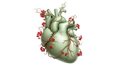 Anatomical heart with red berries PNG isolated on transparent background, medical concept for...