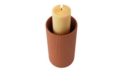 Beeswax candle in brown ribbed holder isolated PNG, natural light yellow wax candle with flame on...