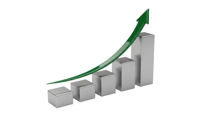 Green arrow over silver bar graph isolated PNG, business growth concept on transparent background,...