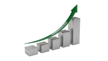 Green arrow over silver bar graph isolated PNG, business growth concept on transparent background, financial success and market trend