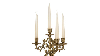 Ornate gold candelabra with four candles isolated PNG, vintage style candlestick holder for home...