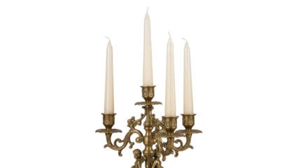 Ornate gold candelabra with four candles isolated PNG, vintage style candlestick holder for home decor and special occasions