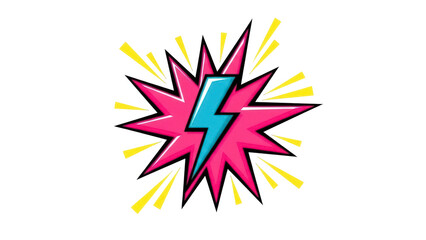 Pink and blue lightning bolt isolated PNG, comic book explosion with yellow rays on transparent...