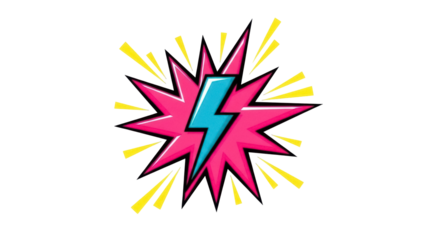 Pink and blue lightning bolt isolated PNG, comic book explosion with yellow rays on transparent background, pop art graphic for design use