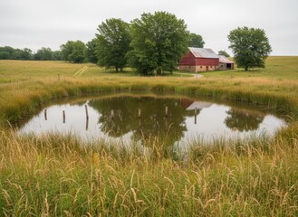 Obraz premium Serene Farm Landscape with Red Barn and Reflective Pond Near Trees