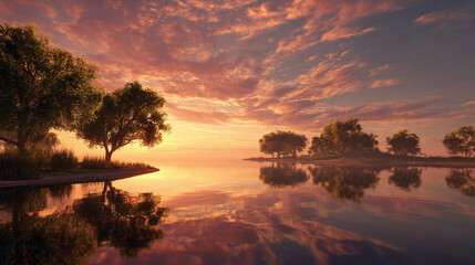 A picturesque sunset over a tranquil lake, reflecting the vibrant colors of the sky and the trees on the shore. The image evokes a sense of serenity and natural beauty