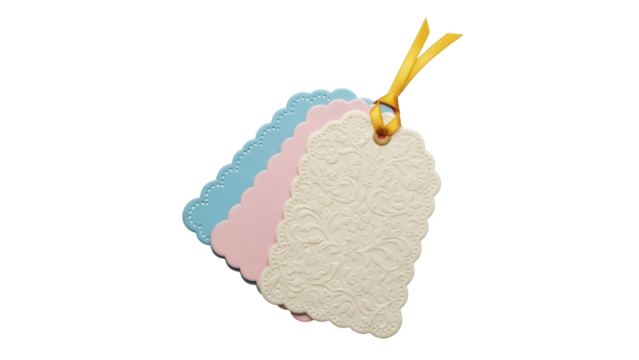 Stack of pastel gift tags with yellow ribbon isolated on transparent background, decorative labels for presents and crafts PNG - Powered by Adobe