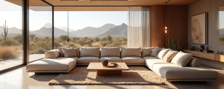 Modern living room with large window shows desert mountain view. Beige sectional couch, wooden coffee table with cactus decor. Minimalist interior design with natural light.