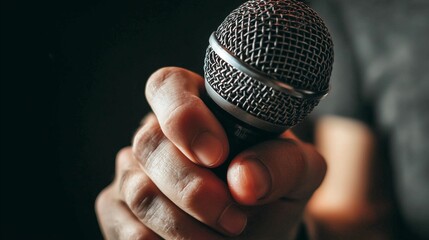 Hand holding microphone, music performance or speech concept