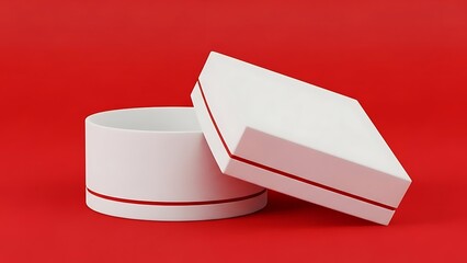 White cylindrical and rectangular objects with red stripes on a red background