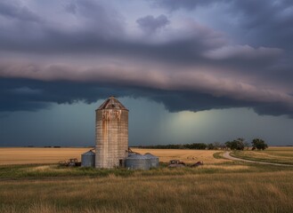Fototapeta premium Dramatic Sky Over Silos Amidst Golden Fields and Rolling Storm Clouds
