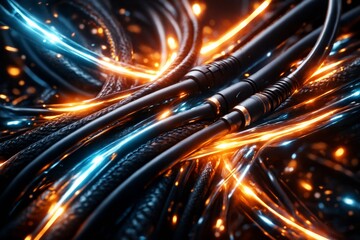 Close-up of glowing digital data streams flowing through black cables with orange and blue light