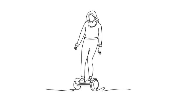 Animated self drawing of continuous line draw woman standing on hands-free self-balancing hoverboard. Effortless, futuristic, and eco-friendly micro-mobility for travel. Full length one line animation