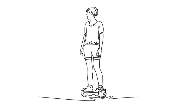 Animated self drawing of continuous line draw young woman in casual shorts and t-shirt, standing on self-balancing hoverboard. Effortless for micro-mobility in the city. Full length one line animation