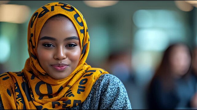 Close-up portrait of a smiling young African woman wearing a vibrant yellow hijab, looking directly at the camera with a warm expression.