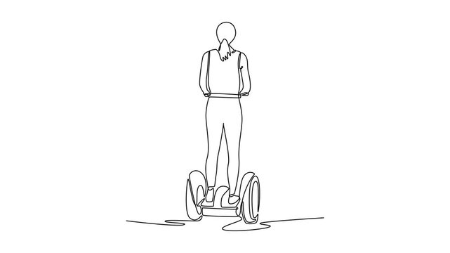 Animated self drawing of continuous line draw back view of woman standing on two wheeled or segway. Modern micro mobility options and futuristic urban travel devices. Full length single line animation