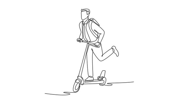 Animated self drawing of continuous line draw man in business outfit, carrying backpack and aggressively riding electric scooter, suggesting hurried commute in urban. Full length single line animation