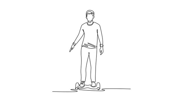 Animated self drawing of continuous line draw young man in casual attire standing on two-wheeled self-balancing hoverboard. Hands-free micro-mobility for urban movement. Full length one line animation
