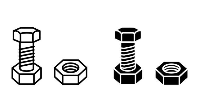 Simple outline and solid black icon illustrations of bolts and nuts for industrial design