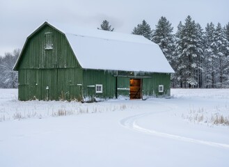 Green Barn Surrounded by Snowy Landscape in Winter Season
