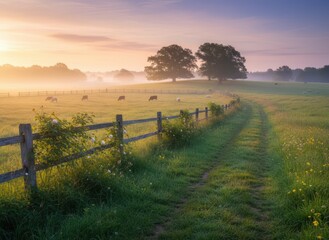 Obraz premium Serene Morning Landscape with Cows in Misty Pasture at Dawn