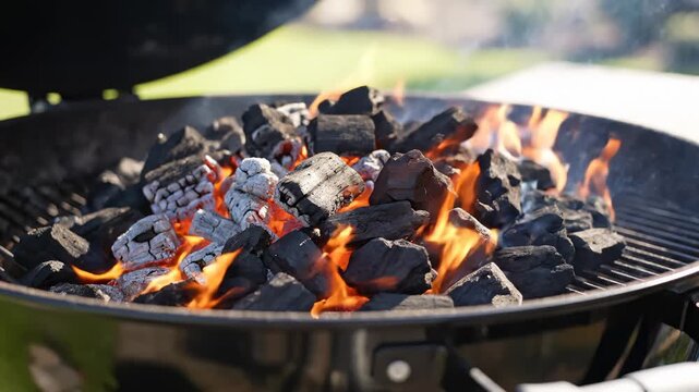Igniting Charcoal Briquettes on Grill for Barbecue