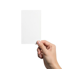 Hand holding beige cards isolated on transparent background