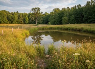 Obraz premium Serene Pond Surrounded by Lush Greenery and Trees in Nature