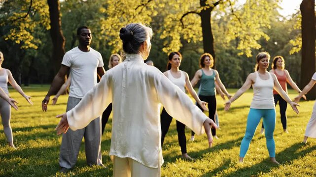 senior asian woman instructor leading tai chi class in park. diverse group practicing qigong exercises outdoors. healthy lifestyle and active aging concept. wellness, meditation.