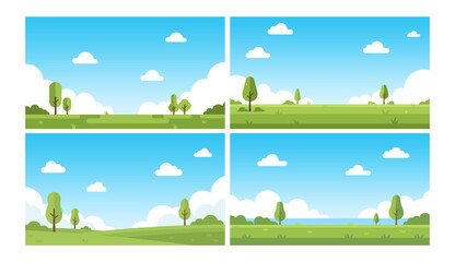 Obraz premium Set of four flat vector nature landscape backgrounds with green fields, trees, and a bright blue sky with soft clouds. For banners, websites, apps, presentations, kids design.