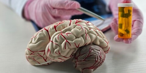 Doctor holding brain model and pills in clinic