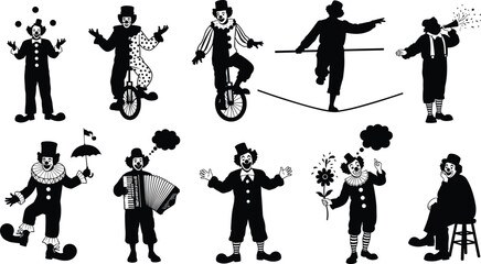 Clown performance silhouettes, circus icons, juggling act, unicycle rider, tightrope walker, comedy pose, accordion player, umbrella gesture, playful character © MDMAHOMUDUL