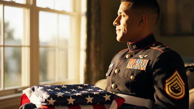 hispanic military veteran in uniform sitting in wheelchair with folded american flag. disabled soldier looking through window. veterans day, memorial concept.