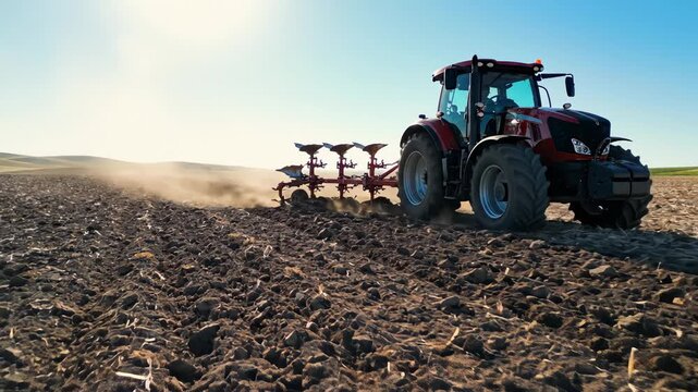 Tractor Pulling Plow in Field During Agriculture Season