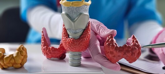 Doctor with human thyroid anatomy model. Thyroid tumor and cancer postpartum period, papillary carcinoma and health concept