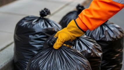 A worker in an orange uniform collecting garbage bags,  waste management service