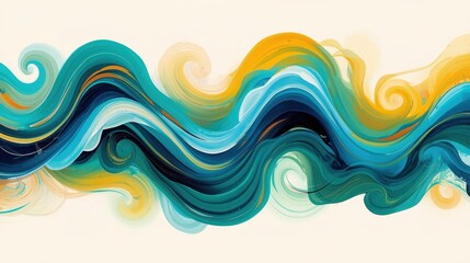 An abstract flow of blue and teal waves with vibrant yellow highlights