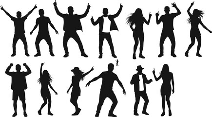 Obraz premium Dance silhouette icon set, expressive movement, party people, celebration poses, vector illustration, black pictogram, rhythm gesture, social dancing graphic