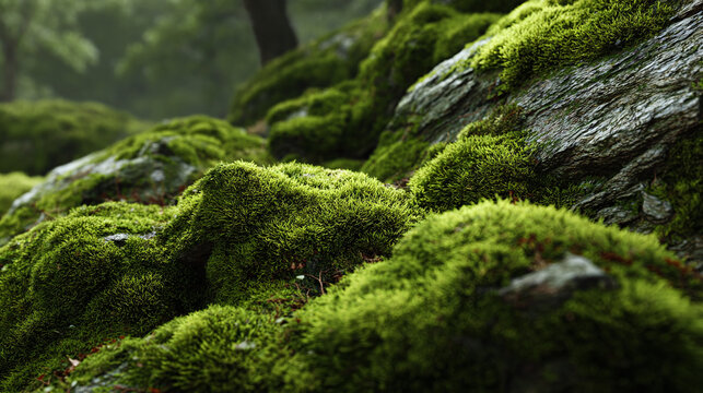 A close-up view of verdant moss-covered rocks in a forest, the textures and colors combine to create an inviting scene