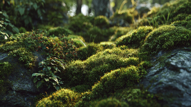 A captivating view of vibrant green moss growing on rocks in a forest, creating a sense of tranquility