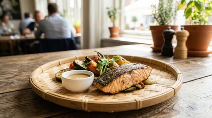 Restaurant Dining Experience Showcasing Perfectly Cooked Salmon with Roasted Vegetables and Sauce