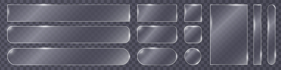 Set of transparent glass shapes. Modern glassmorphism elements. Ideal for web interfaces, app icons, UI buttons, banners, and futuristic digital design