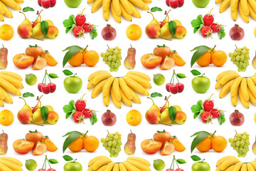 Big Seamless Pattern. Assorted Fresh Fruits Isolated on White Including Bananas, Persimmons, Pears, Oranges, Grapes, Apples, Cherries, Strawberries and Pomegranate in a Clean Studio Composition