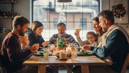 Family enjoying cozy winter dinner together at home warm festive decorations candlelight joyful atmosphere sharing food multigenerational gathering holiday celebration smiling faces
