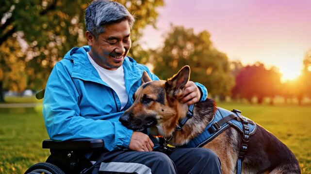 smiling asian man with disability sitting in wheelchair and hugging german shepherd dog outdoors. happy disabled male with service animal in park. friendship, support, healthcare campaign.