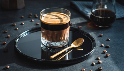 Espresso shot and chocolate mousse layered in glass on reflective dark surface, surrounded by coffee beans, with golden spoon and carafe, creating luxurious and inviting mood