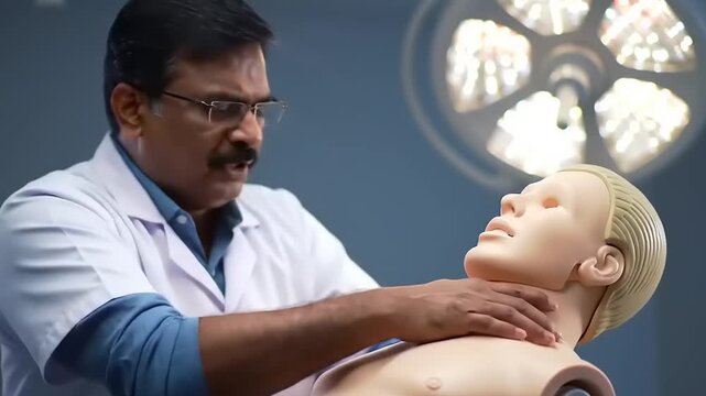 Doctor Examining Patient Dummy in Hospital.